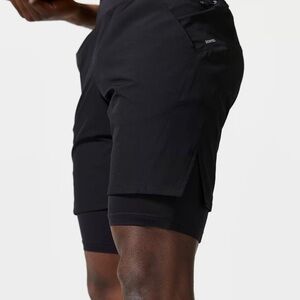 Domyos Men’s 2-in-1 Athletic Shorts Black Zip Pocket Breathable Training Outdoor